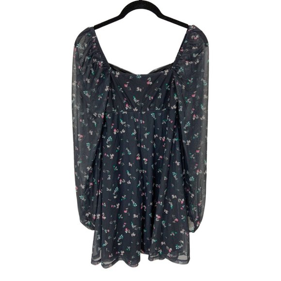 Floral Long Sleeve Mesh Mini Dress w/ Ruched Front - Picture 2 of 9